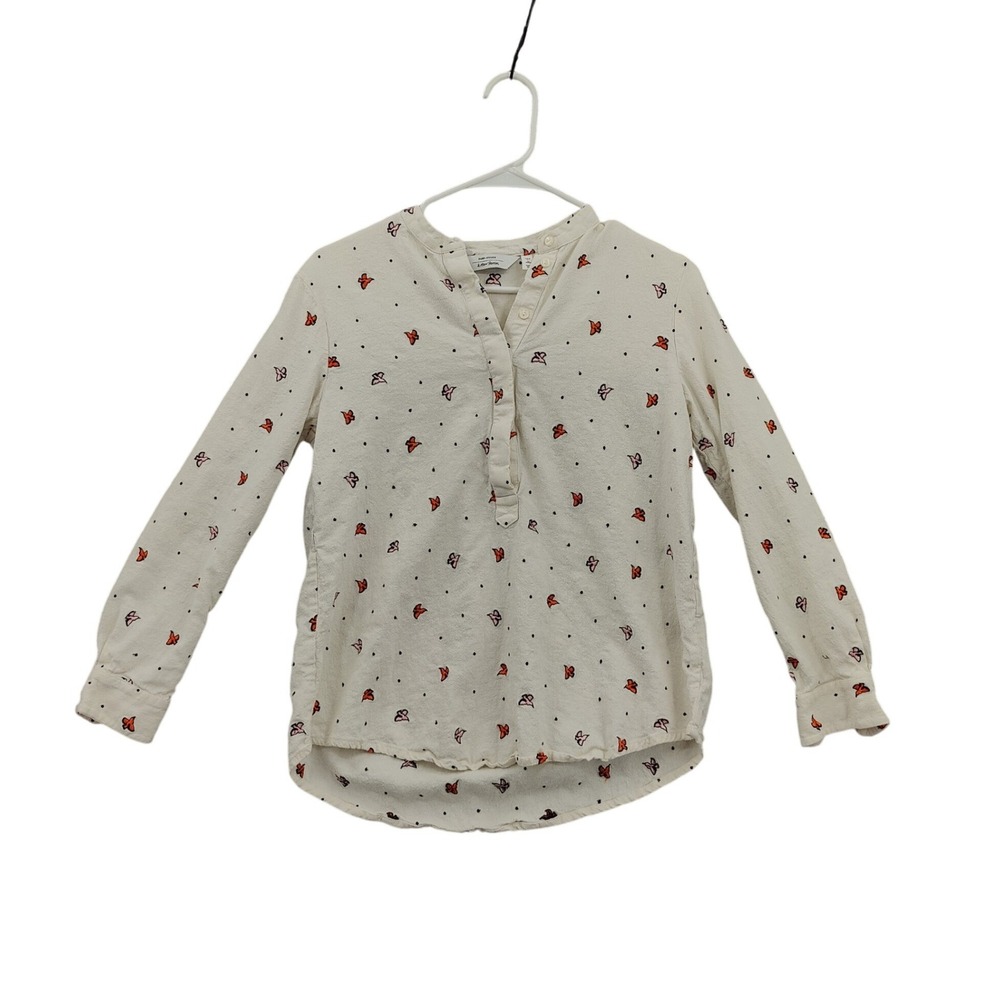 & Other Stories Womens Cottage Bird Embroidered Linen‎ Blend Henley Top 6 Cream